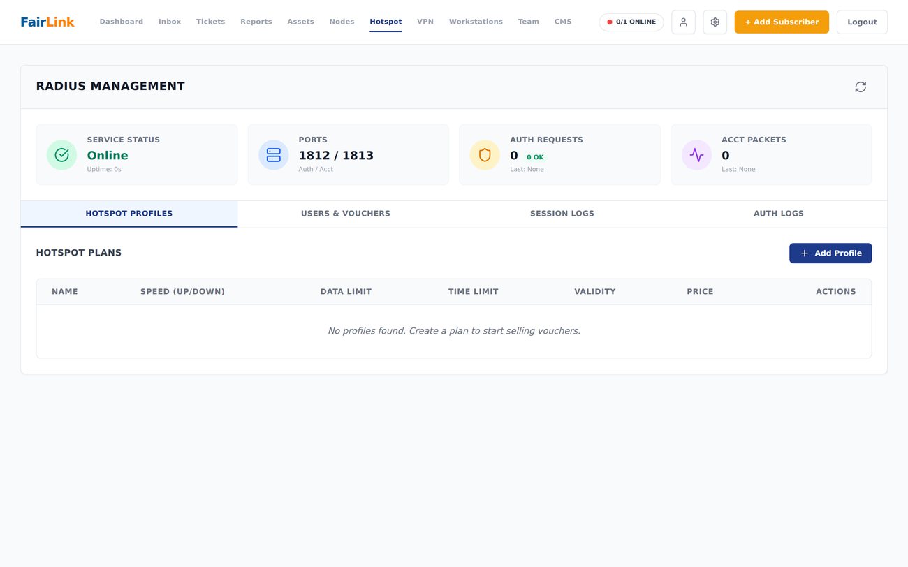 FairLink RADIUS management — hotspot profiles and auth server status