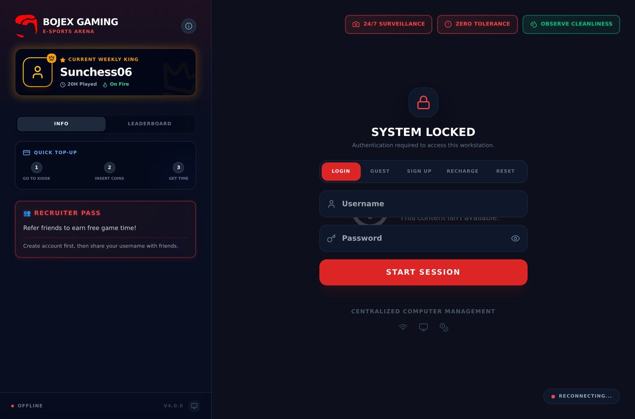 FairLink gaming kiosk lockscreen — session login with top-up options