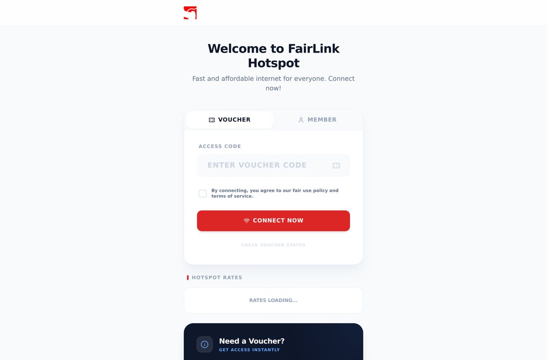 FairLink hotspot captive portal — voucher and member login