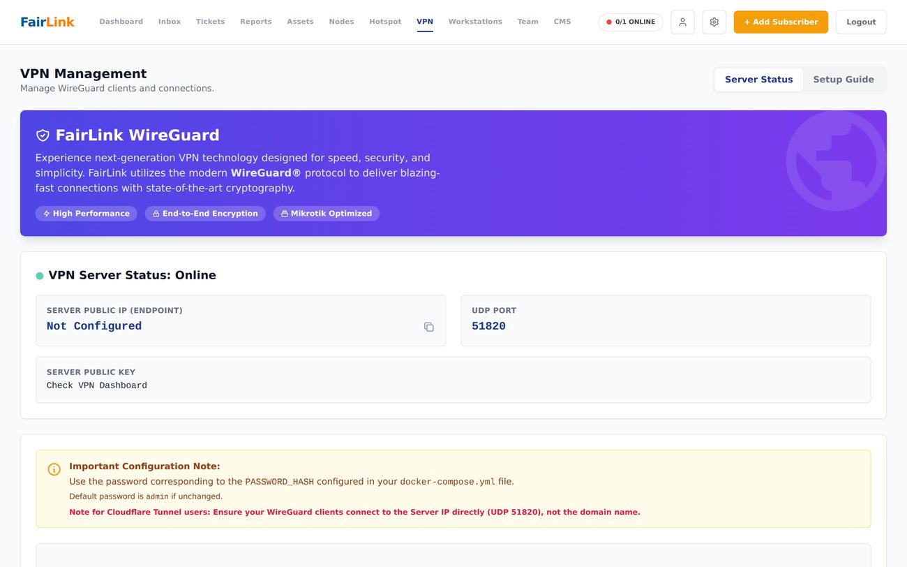 FairLink WireGuard VPN management — server status and clients