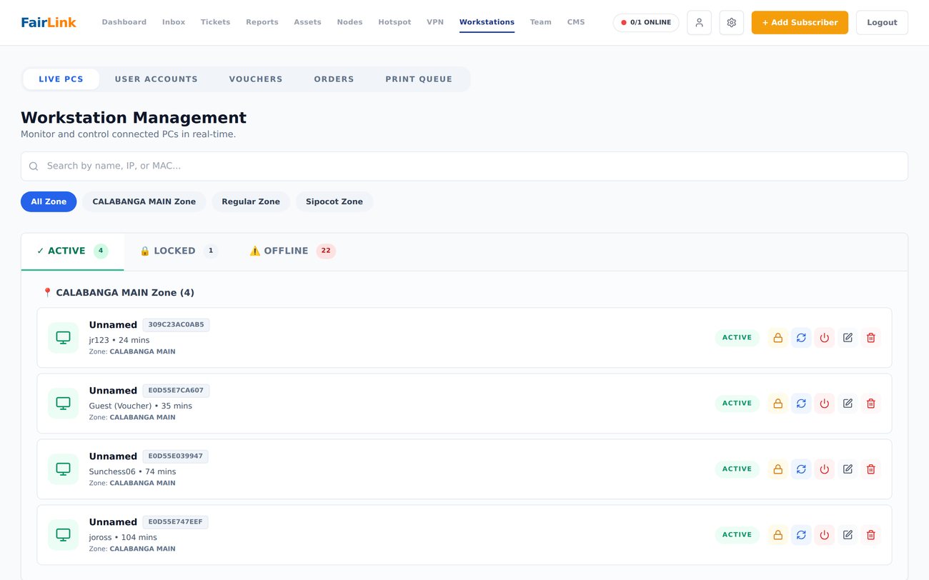 FairLink workstation management — live PC monitoring by zone
